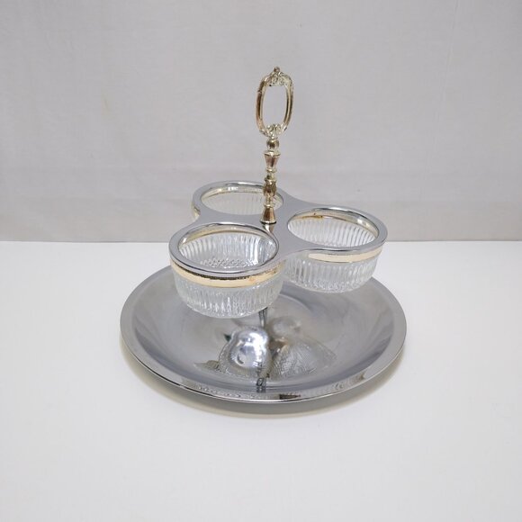 Kromex Stainless Steel Serving Caddy Three Glass Inserts Carry Handle Vintage - Picture 3 of 8